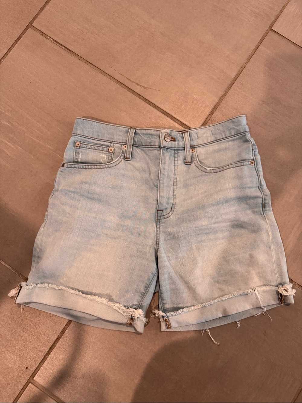 Madewell Light Blue Distressed High-Rise Denim Mid- Length Shorts